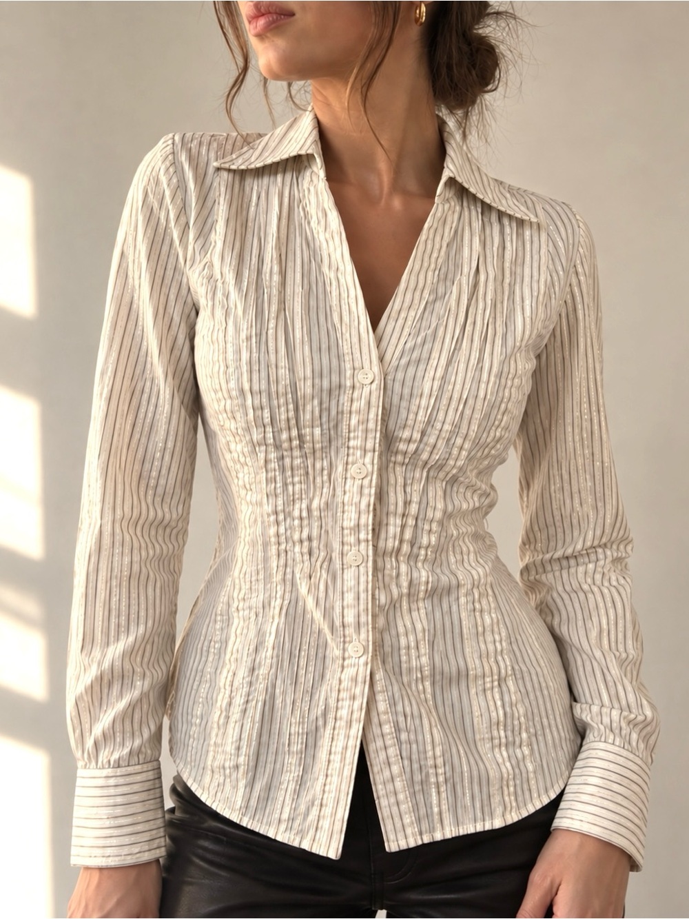 Nine West Size 2 Fitted Metallic Stripe Button Down Collared Shirt